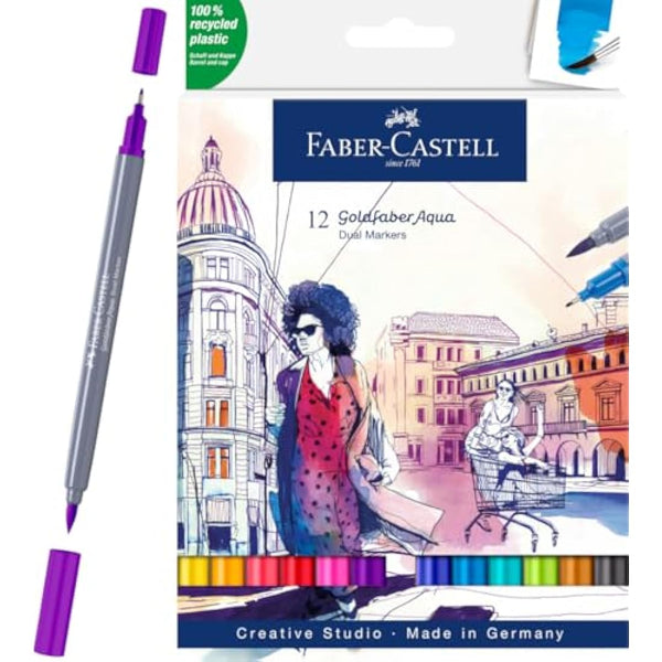 Faber-Castell Creative Studio Goldfaber Aqua Dual Marker, Multicoloured, Marker Wallet Of 12, For Art, Craft, Drawing, Sketching, Home, School, University, Colouring