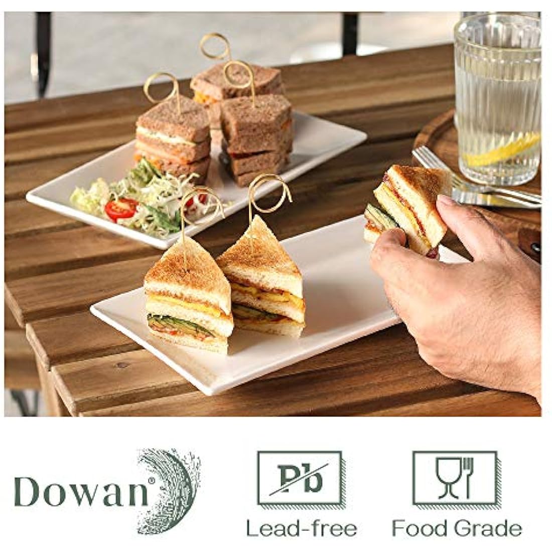 DOWAN Serving Platter – 12" x 6" White Ceramic Rectangular Plates – Set of 4 Oblong Porcelain Dishes for Sushi, Appetisers, Party Food, Steak, Cake, Dessert – Dishwasher Safe