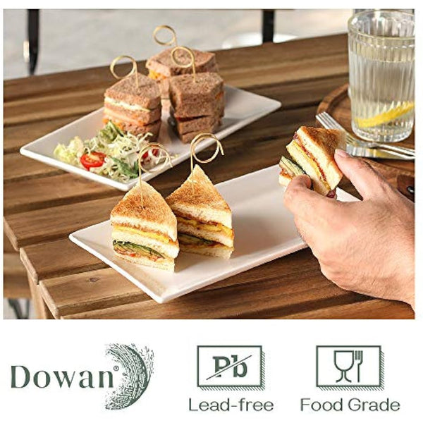 DOWAN Serving Platter – 12" x 6" White Ceramic Rectangular Plates – Set of 4 Oblong Porcelain Dishes for Sushi, Appetisers, Party Food, Steak, Cake, Dessert – Dishwasher Safe