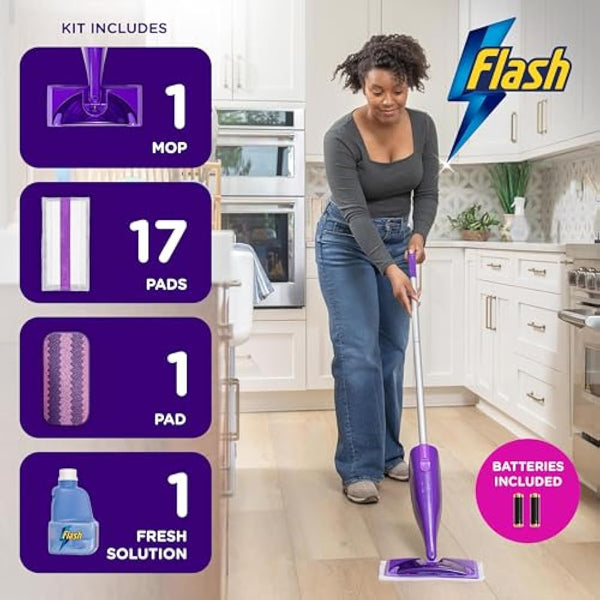 Flash Power Spray Mop Floor Cleaner Starter Kit (1 Washable + 17 Disposable Pads), All-In-One System For Your Floors
