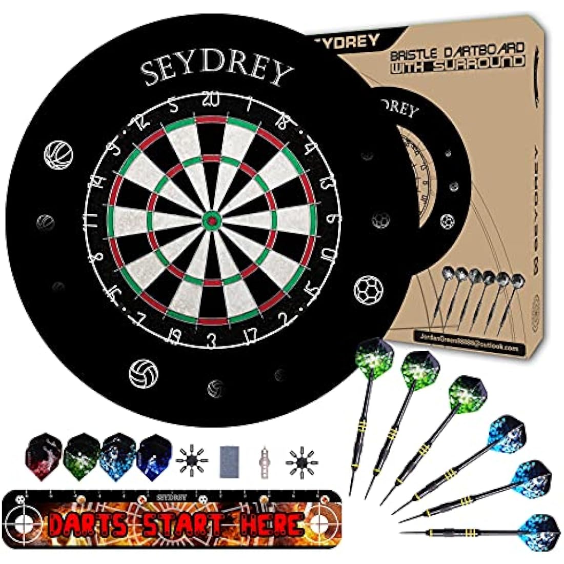 Dart Board Steel Dart Board Dartboard set with 6 pcs 20g Steel Tip Darts 12 Flights Rotating Number Ring + Staple-Free Bullseye Throwing Line Install Instruction