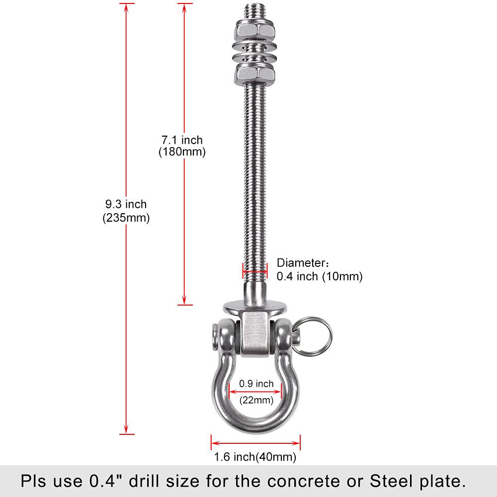 BeneLabel 6pcs Hanging Bolts 23.5cm Hammock Swing Hanger Carabiner Hook, Swive Stainless Steel Mounting Kit Set for Indoor Outdoor Playground Chair