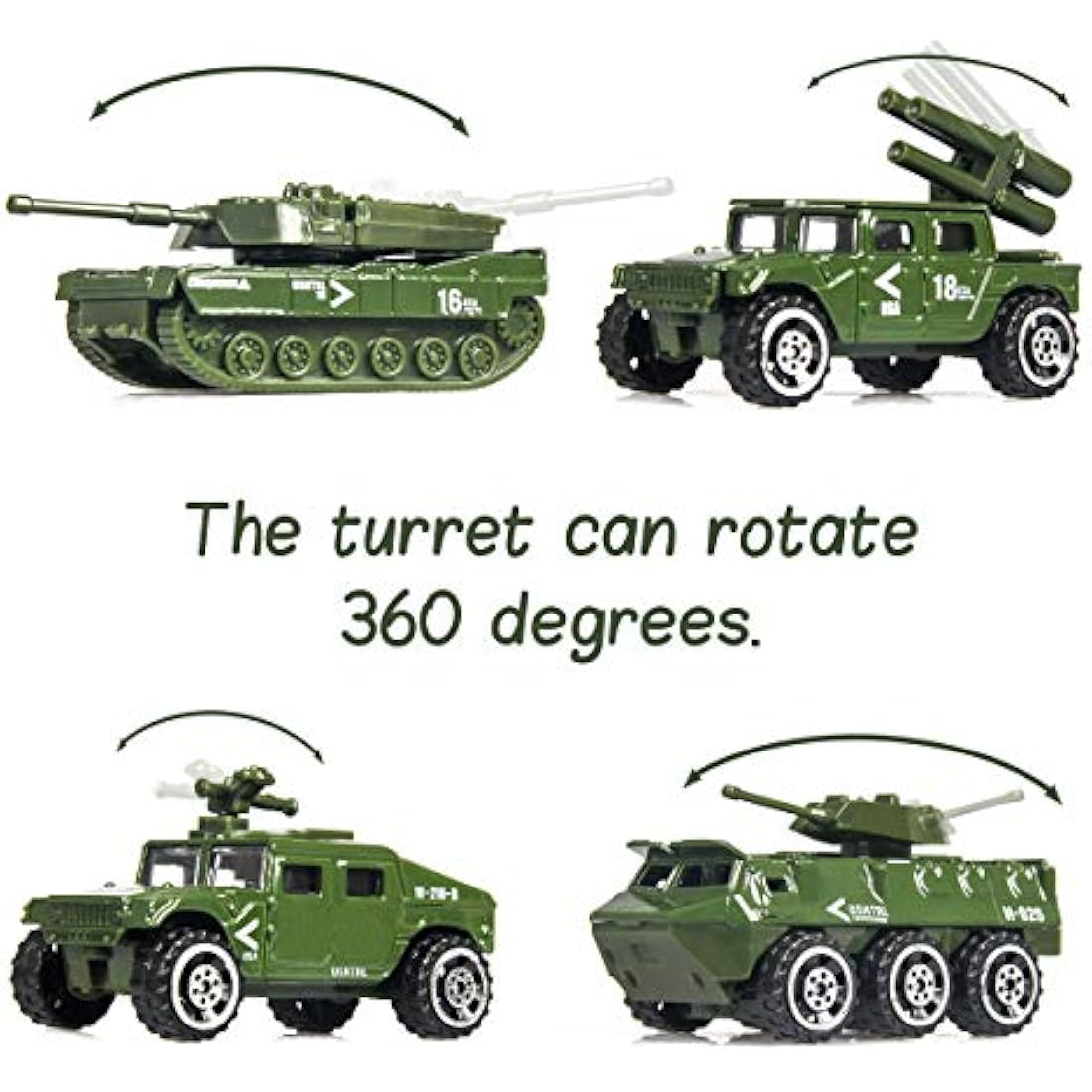 18 Pack Die-cast Military Vehicles Sets - 6 Pack Assorted Alloy Metal Models - 12 Pack Soldier Army Men, Mini Army Toy Tank, Panzer, Anti-Air Vehicle, Helicopter Playset for Boys