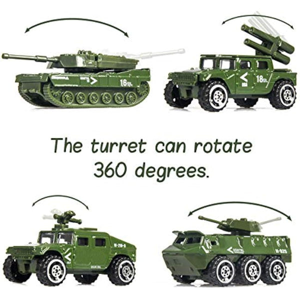 18 Pack Die-cast Military Vehicles Sets - 6 Pack Assorted Alloy Metal Models - 12 Pack Soldier Army Men, Mini Army Toy Tank, Panzer, Anti-Air Vehicle, Helicopter Playset for Boys