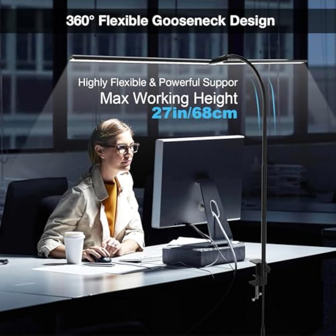 Hensam Desk Lamp for Office Home, 80CM Desktop Lighting Bar with Gooseneck, Clip on Desk Light with Clamp, Bright Dimmable Table Lamp for Study, Work, Computer, Monitor, Reading