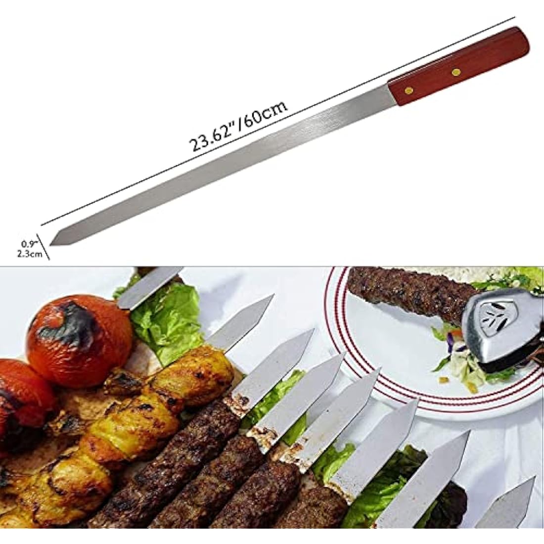 8Pcs Stainless Steel Flat Kebab Skewers, 24 inch Turkish Adana Skewers for BBQ Grill Accessories