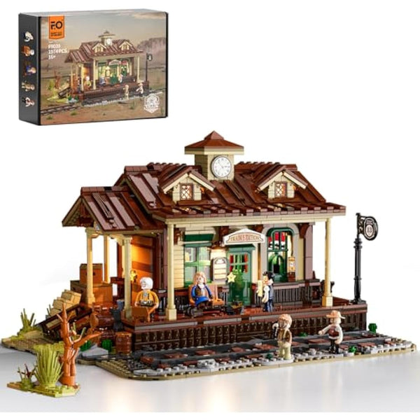 FUNWHOLE Western Train Station Building Set with LED Lights, 1974 PCS Old West Brick Model with 5 Mini Figures, Modular Railroad Station Toy for Adults and Teens, Compatible with Western Series