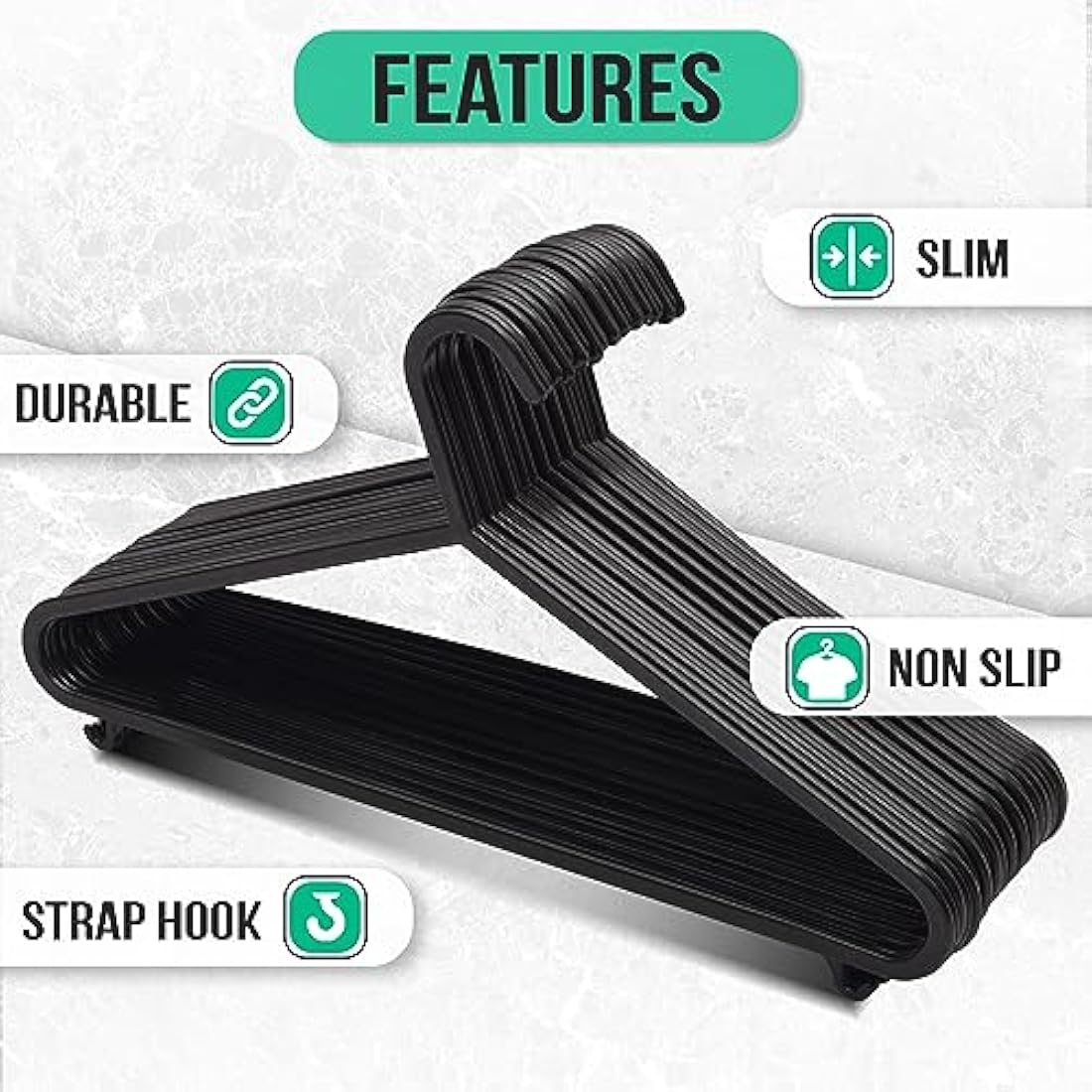 KAPCO Black Plastic Clothes Hangers – 50 Pack Strong Adult Coat Hangers for Wardrobe Organisation, Durable Hanger with Trouser Bar & Hooks, Space Saving, Slim for Clothes Rail & Storage | Bulk Buy