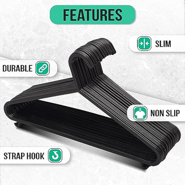 KAPCO Black Plastic Clothes Hangers – 50 Pack Strong Adult Coat Hangers for Wardrobe Organisation, Durable Hanger with Trouser Bar & Hooks, Space Saving, Slim for Clothes Rail & Storage | Bulk Buy