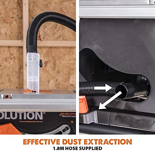 Evolution Power Tools R255TBLX+ Table Saw With Stand (Next Gen Rage 5-S) Multi-Material Cutting Blade Included Cuts Wood Metal Plastic, 45˚ Bevel, +/- 60˚ Mitre Angle, 85mm Cut Depth, 1800w Motor 240v