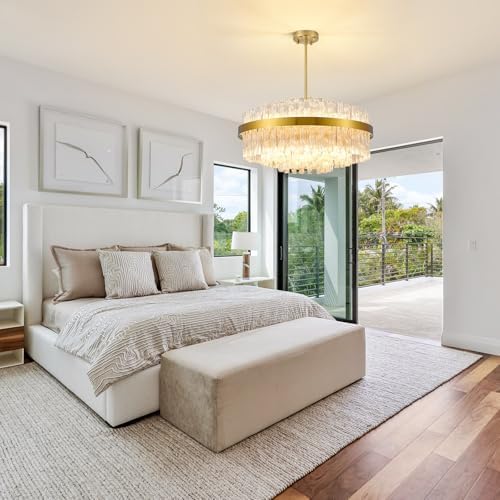 KUNYEEE Gold Crystal Chandeliers Flush Mount Crystal Ceiling Light Fixture Round Chandeliers Pendant Light for Living Room Kitchen Island Dining Table Hallway, G9 x 12 Lights 60cm