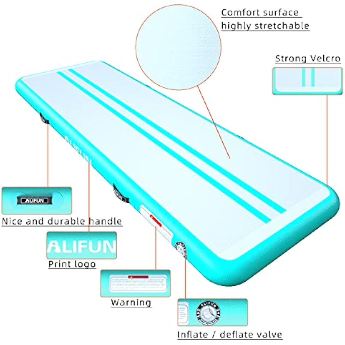 ALIFUN Inflatable Air Tumbling Mat Gymnastics Tumble Mat 6FT 10FT 13FT 16FT 20FT Training Mat Thick 10CM 20CM with Electric Air Pump