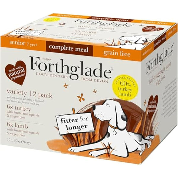 Forthglade Wet Dog Food Variety Pack (12 x 395g Trays) - Senior 7 Years+, Grain Free & Hypoallergenic Dog Food, Turkey & Lamb with Vegetables, Stomach Sensitive Meals with Natural Ingredients