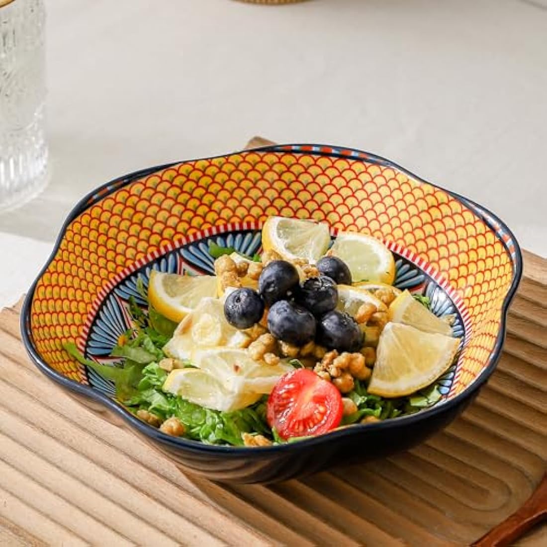 HENXFEN LEAD Porcelain Salad Bowl, 590ml Dessert Bowl Cereal Bowl, Multifunctional Flower Shaped Pasta Bowl for Ice Cream, Rice, Dessert, etc. Colourful, Pack of 6 - Bohemian Style