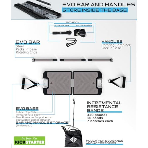 EVO Gym Tragbares Krafttrainingsgert fr zu Hause, Fitnessstudio; All-in-One-Fitnessstudio; Widerstandsbnder, Basis hlt Turnstange und Griffe fr Reisen | Tragbares Fitness- und