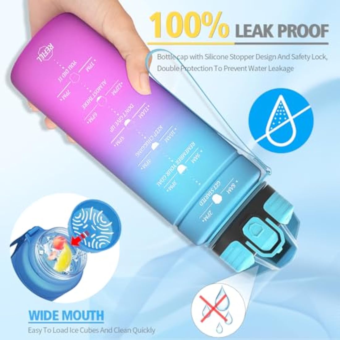 Niggeey Motivational Water Bottle with Time Marker, Sports Bottles 1.5l, 1l, 700ml, 500ml Kids Bottles, Leak Proof BPA Free Tritan Drink for School, Gym and Sport, Cycling, 24oz-bluepurple