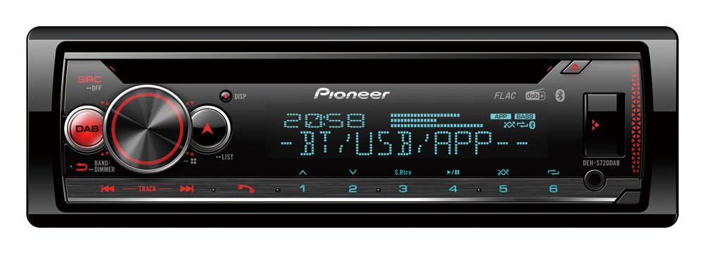 Pioneer DEH-S720DAB 1-DIN CD Tuner with DAB/DAB+, Bluetooth, multi colour illumination, USB, Spotify, Pioneer Smart Sync App and compatible with Apple and Android devices.