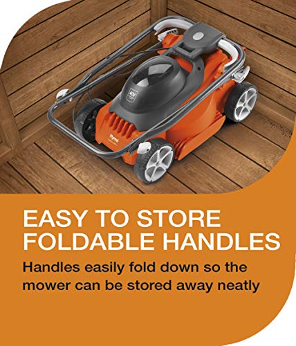 Flymo EasiStore 380R Electric Rotary Lawn Mower - 38 cm Cutting Width, 45 Litre Grass Box, Close Edge Cutting, Rear Roller, Central Height Adjust, Space Saving Storage Features