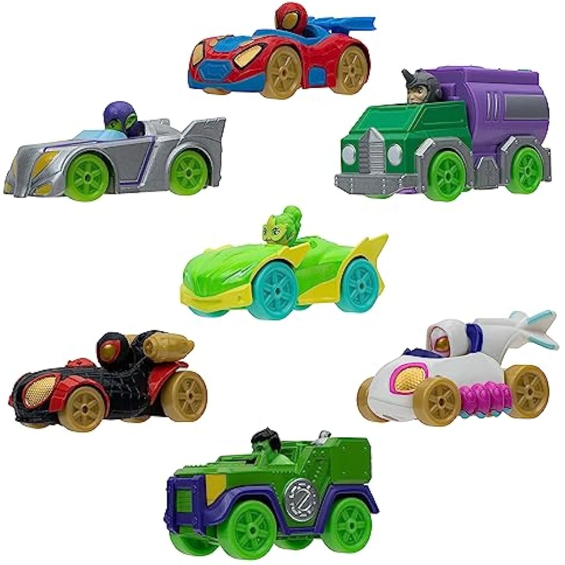 Marvel's Spidey and His Amazing Friends Amazing Metals 7 Pack 3-Inch Die-Cast Mini Vehicles with Built in Characters