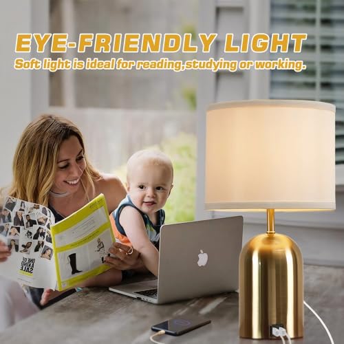 GyroVu Bedside Lamp with USB Port, Touch Control Table Lamp for Bedroom 3 Way Dimmable Modern Nightstand Lamp with Fabric Shade Gold Base for Living