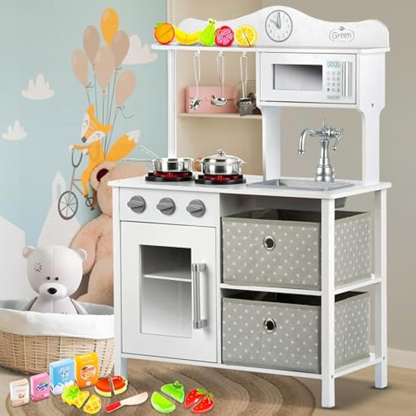 Green Series Kinderplay Children's Kitchen – Children's Wooden Kitchen | Children's Kitchen 2 Years | Kitchen for Children 3 Years | Children's Kitchen 5 Years | Children's Kitchen Height 87 cm,