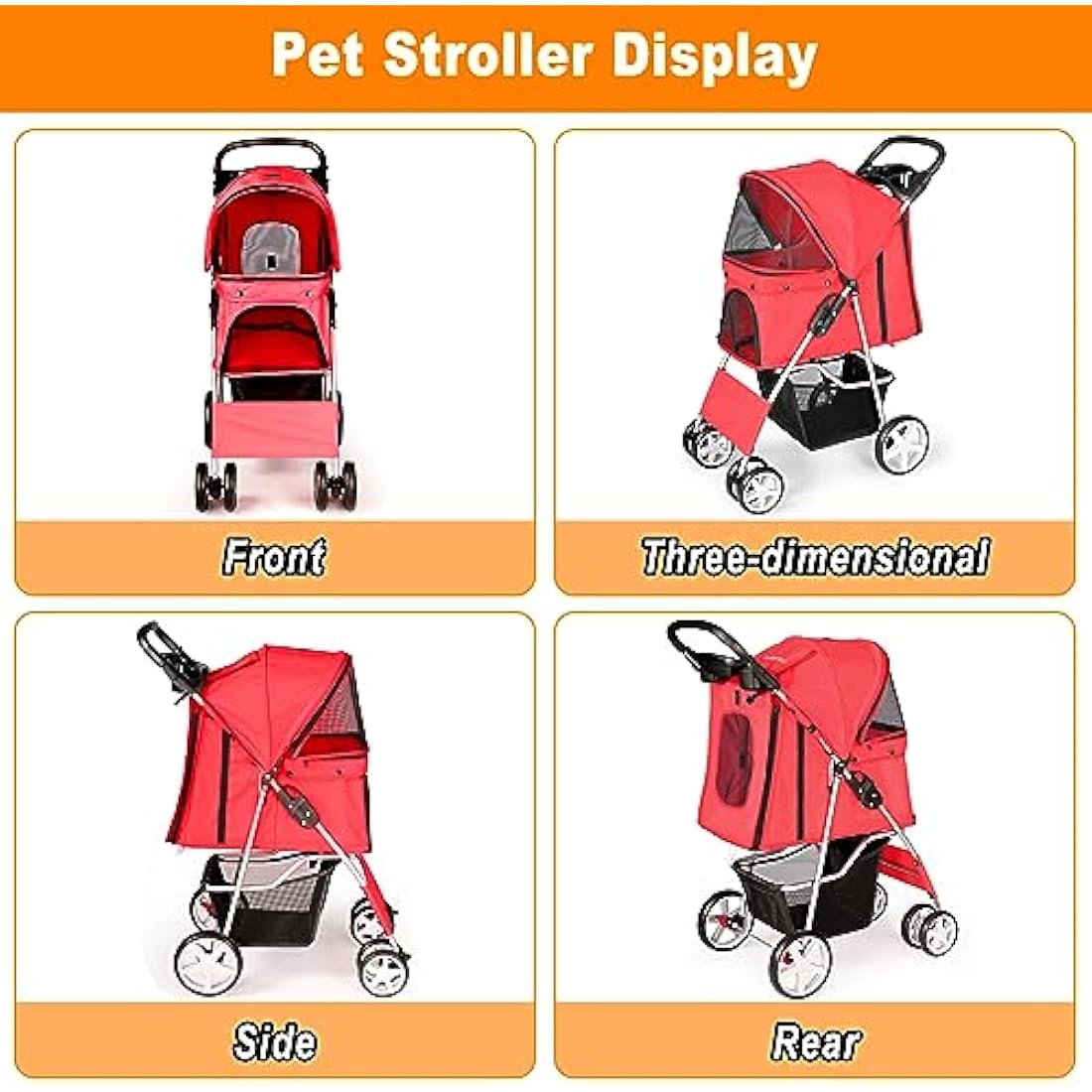 display4top Pet Travel Stroller Dog Cat Pushchair Pram Jogger Buggy With 4 Wheels (Red)