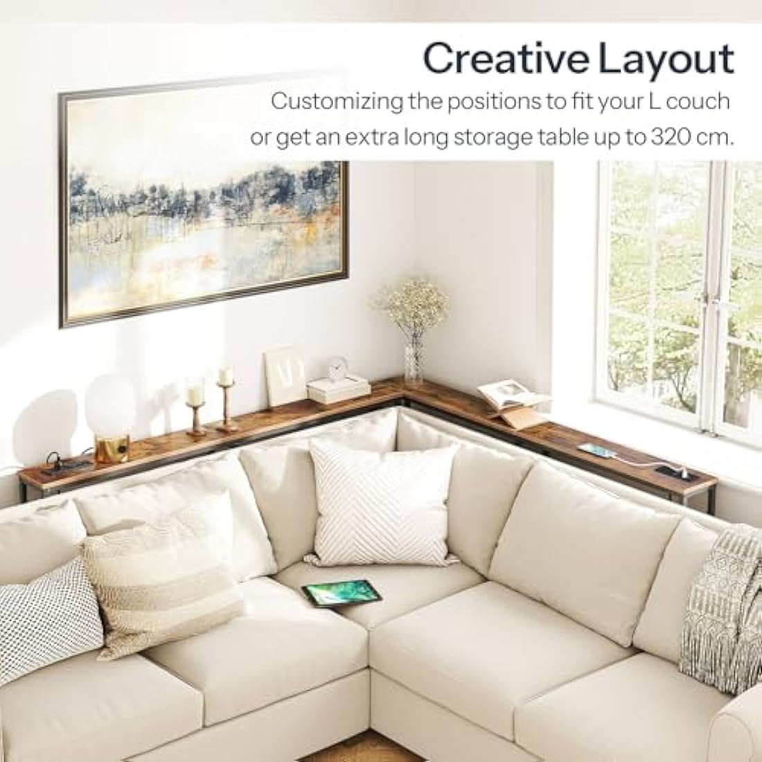 HOOBRO Narrow Console Table with Charging Station, 160 cm Behind Sofa Couch Table, Long Hallway Table, Slim Console Table for Hallway, Entryway, Living Room, Rustic Brown and Black EBF165KXG01