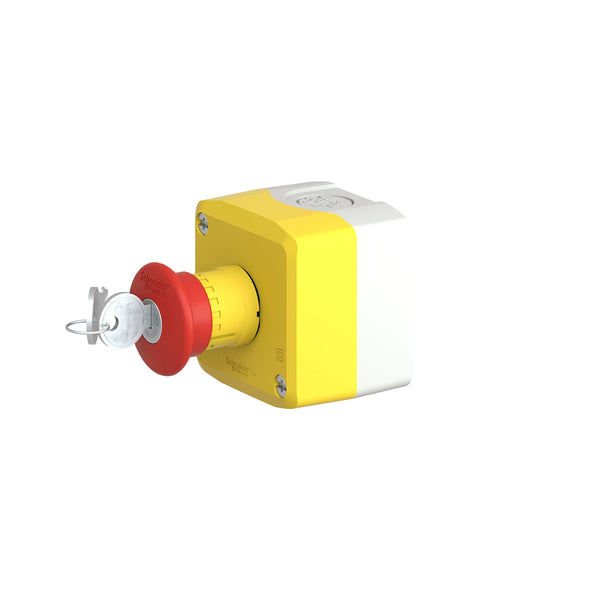 Schneider Electric Control station, plastic, yellow lid, 1 red mushroom push button Ø40, key release, 1 NO + 2 NC