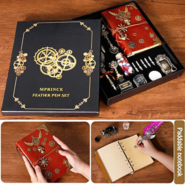 MPRINCE Quill Pen Ink Set, Quill Pen, Notebook, 5 Replaceable Nibs, Seal Stamp, Spoon, Wax Beads, White Wax, Ink, Pen Holder, Cup, Envelope, Letter Paper, Envelope Tool