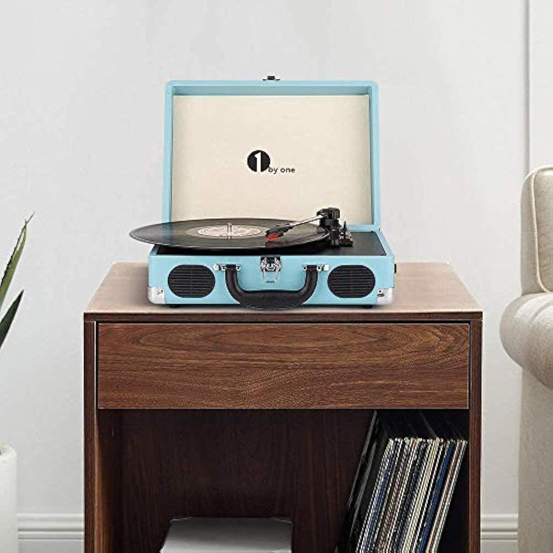 1 BY ONE Bluetooth Record Player Belt-Drive 3-Speed Portable Vinyl Turntable with Built in Speakers, Supports RCA Output, Headphone Jack, MP3, Mobile Phones Music Playback, Turquoise