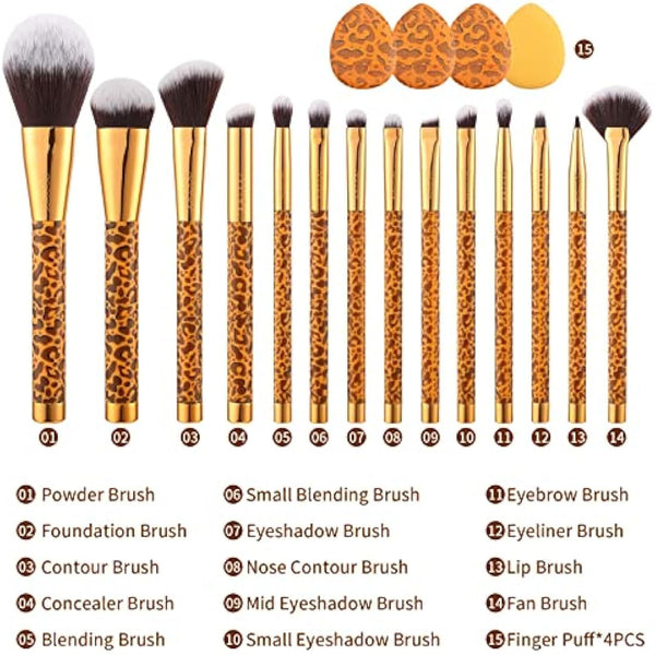 Docolor Leopard Makeup Brushes 14 Pieces with 4 Pieces Finger Puffs Professional Make up Brushes Set Premium Synthetic Kabuki Foundation Blending Brush Face Powder Blush Concealers Eye Shadows