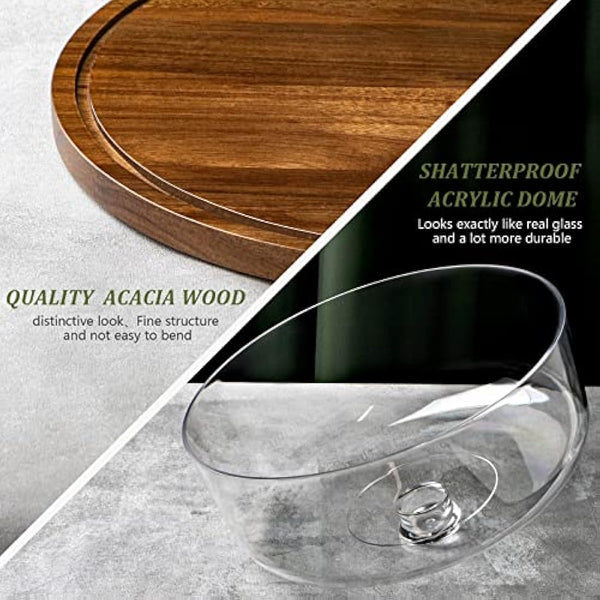 ANBOXIT Cake Stand with Dome Lid, Acacia Wood Cake Plate with Cover, Wooden Cake Display Stand with Acrylic Dome ( Flat )