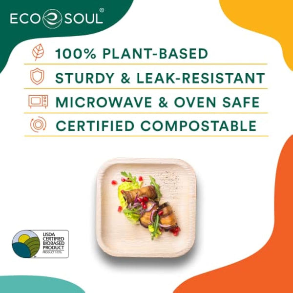 ECO SOUL 100 Disposable Palm Leaf Plates 6”(15cm) Square Small Bamboo Plate I Eco Friendly, Biodegradable, Compostable Heavy-Duty Plate, Wooden Plates for Party & Events I Microwave & Oven Safe