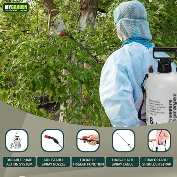 My Garden 8 Litre Sprayer Pump - Weed Killer Pressure Sprayer Pump Action - High Pressure Long Reach Sprayers - Ideal For Spraying Water Fertiliser Herbicides Pesticides Preservative & Detergent