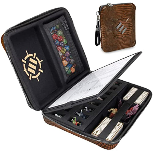 ENHANCE Collector's Edition RPG Organizer Case - DnD Binder with Built-in Character Sheet Holder and Erasable Scribe Panel, Dice Rolling Area, Removable Pen Pouch, Miniature Foam Tray (Dragon Brown)