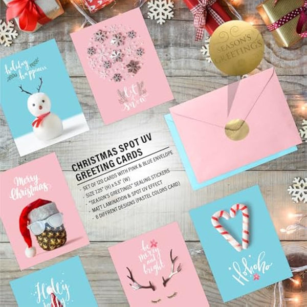 easykart labels 120 Christmas Greeting Cards Assortment, High gloss Spot UV,7.25 x 5.5 Inch with Seal Stickers For Friends, Family and loved Ones