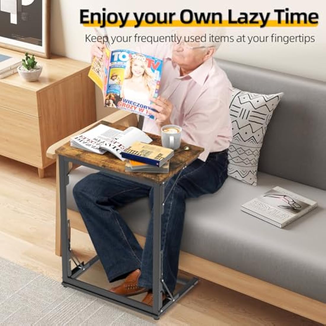 MOXYOY C-Shaped Side Table,Foldable Laptop Table,Sturdy Steel Frame Base Support,Easy to Assemble,Suitable for Living Room,Bedroom,Bathroom,Balcony