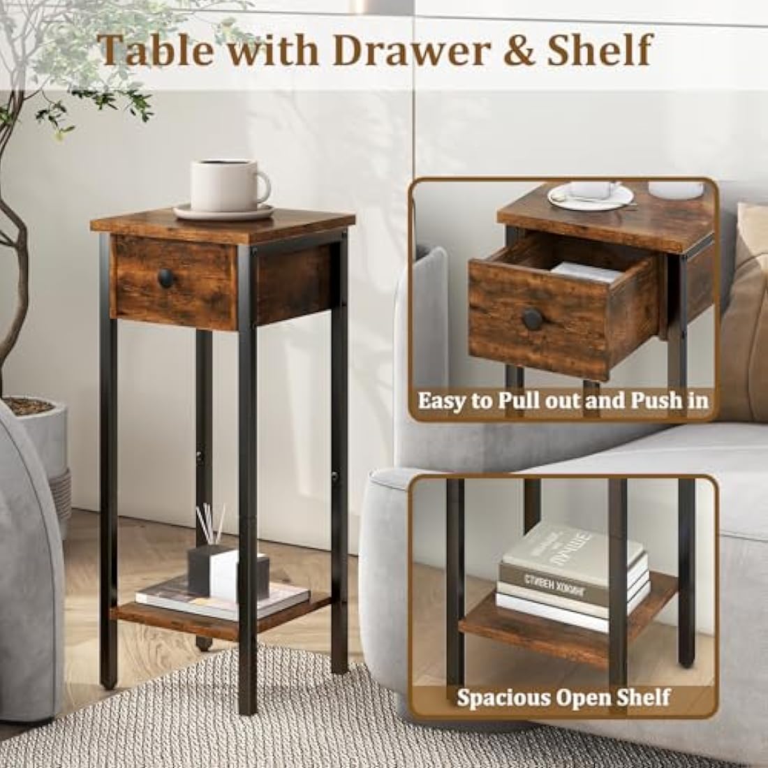 IBUYKE Slim Bedside Table Set of 2, Narrow Nightstand with Drawer, Telephone Table for Small Spaces, 25x25x70cm, Small Side End Table for Bedroom Living Room Hallway, Brown TMJ417H-2