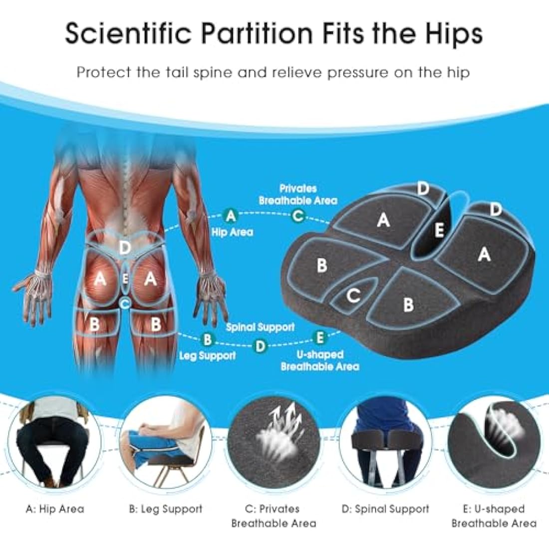 Firhuza Seat Cushion Office Chair Cushions Memory Foam Pressure Relief Cushion for Hip, Tailbone, Coccyx, Sciatica,Ergonomic Seat Cushion Pad for Desk Chair, Wheelchair, Car Seat for Long Sitting