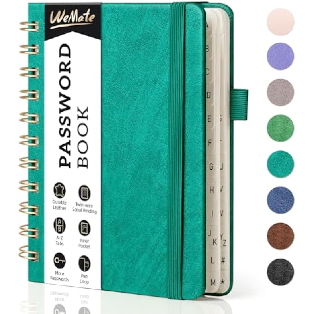 WEMATE Spiral Password Book with Alphabetical Tabs, Small Password Keeper Book for Seniors, Internet Password Notebook Hardcover Password Journal logbook – 12 x 15cm (Teal)
