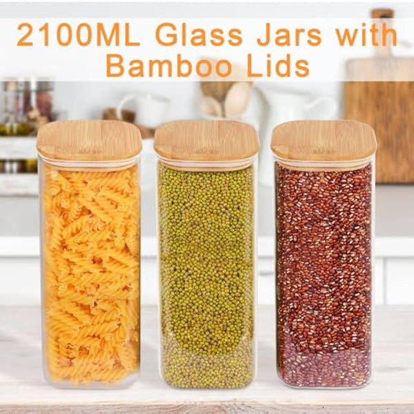 Finew 2100ml Glass Storage Jars with Lids, 3 Pack Airtight Glass Jars & Canisters, Square Spice Jars for Pasta Flour Spices Cookie Sugar Tea Coffee Beans