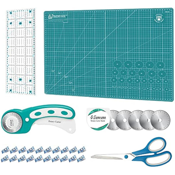 Rotary Cutter Set - Quilting Kit incl. 45mm Fabric Cutter, 5 Extra Rotary Blades, A2 Self Healing Cutting Mat, Acrylic Ruler and Sewing Clips, Scissors, Ideal for Crafting, Sewing, Patchworking