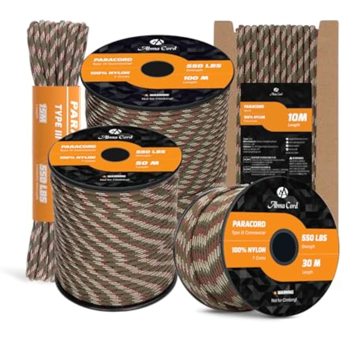 Abma Cord Paracord 550 4mm 100m 100% Nylon Rope Type III 7 Strands Parachute Cord for DIY, Camping, Survival, Outdoor - Max. 250kg - Forest Camo
