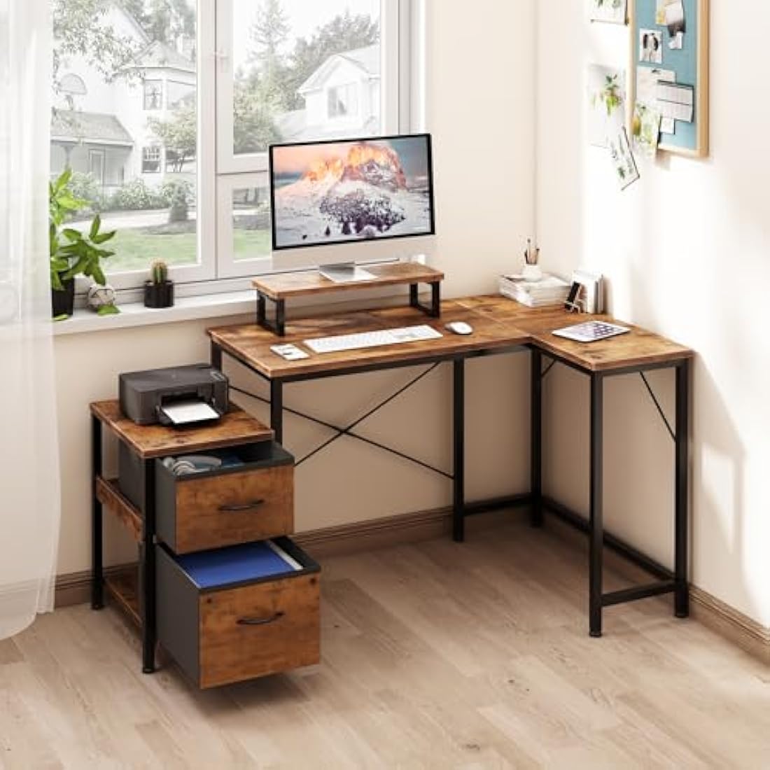 Dripex L Shaped Desk with Filing Drawer & Storage Drawer Compact Corner Desk with Monitor Stand Reversible Computer Desk for Home Office Bedroom Small Space
