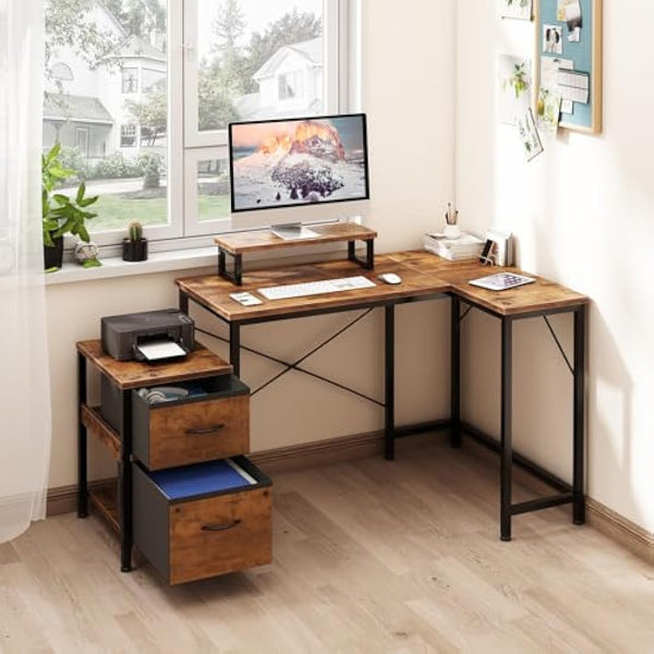 Dripex L Shaped Desk with Filing Drawer & Storage Drawer Compact Corner Desk with Monitor Stand Reversible Computer Desk for Home Office Bedroom Small Space