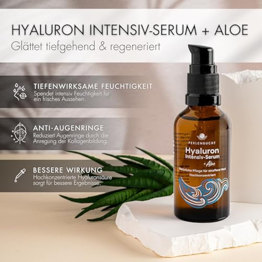 Hyaluronic Acid Intensive Serum with Aloe, High-Dose & Vegan - Anti-Aging Skin Care, Moisturizing Face Moisturiser for Wrinkles, Fragrance-free Natural Cosmetics - Made in Germany by PERLENBUCHT