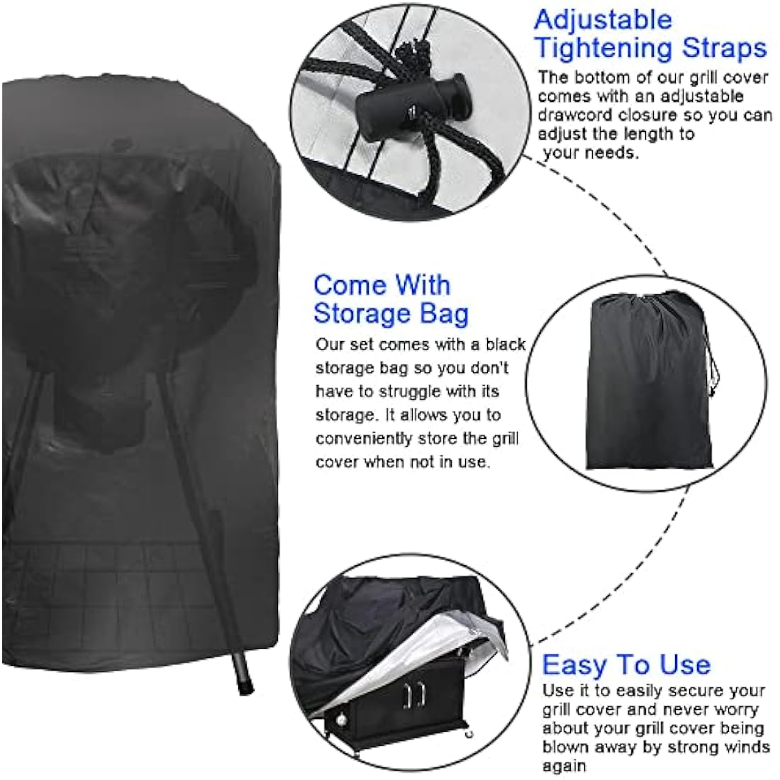 JTDEAL Kettle BBQ Cover Round Barbecue Cover Waterproof Heavy Duty BBQ Cover Windproof Grill Cover Outdoor BBQ Grill Cover with Drawstring and Storage Bag for Weber, Brinkmann,Char Broil (58x77cm)