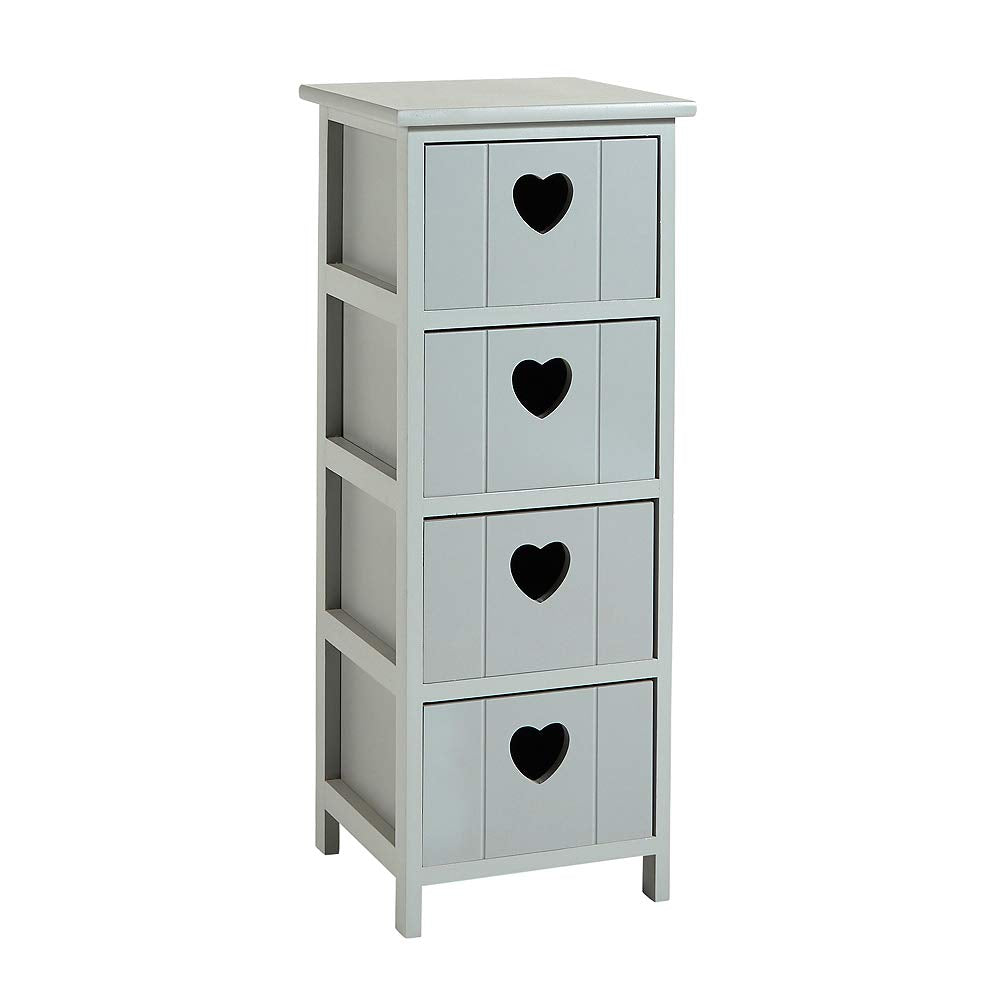 Home Source Chest of Drawers, Wooden Storage Unit Bedroom Organiser Bedside, Love Heart Design, 4 Drawer, Grey