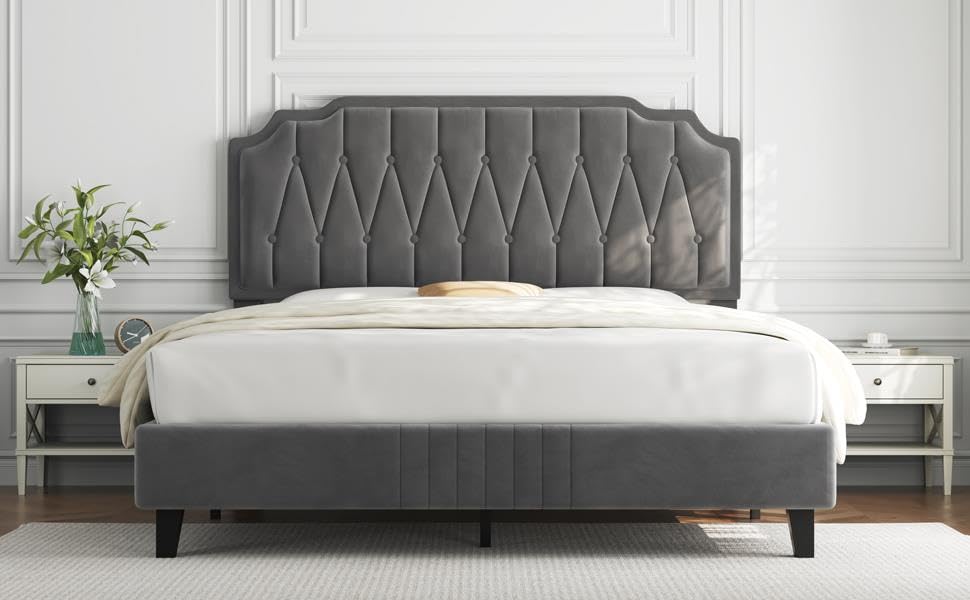 Yaheetech 5ft King Bed Frame Upholstered Platform Bed with Adjustable Button Tufted Headboard/Velvet Fabric/Sturdy Wooden Slat Support/No Box Spring Needed, Dark Grey King Bed