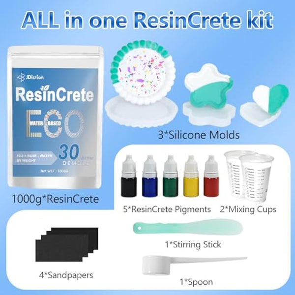 JDiction ResinCrete Kit, Complete Kit Easy for Beginners, Fast Curing, One Hour Demold, Includes Water-Based Eco-Friendly Powder, Molds, Paints & Brushes (1000g Classic Kit)
